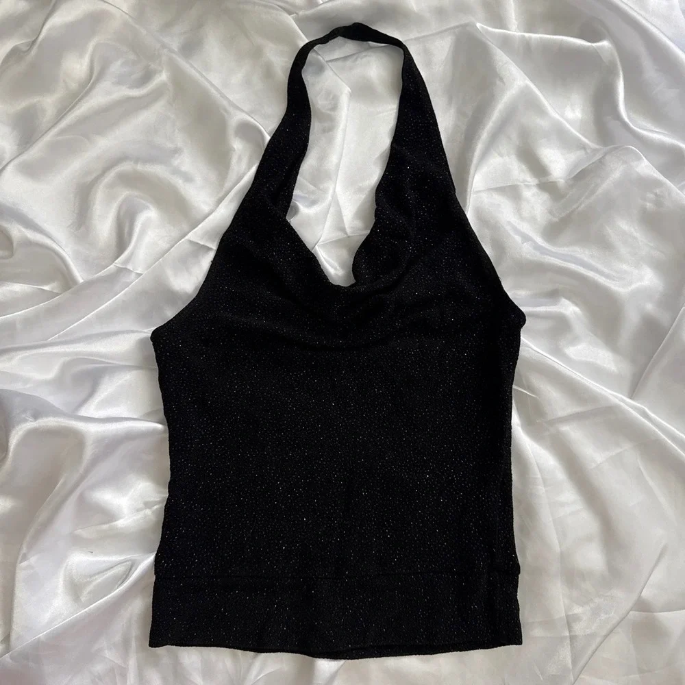 Vintage Wet Seal Black Glitter Halter Top Cowl Neck Backless Y2K Small